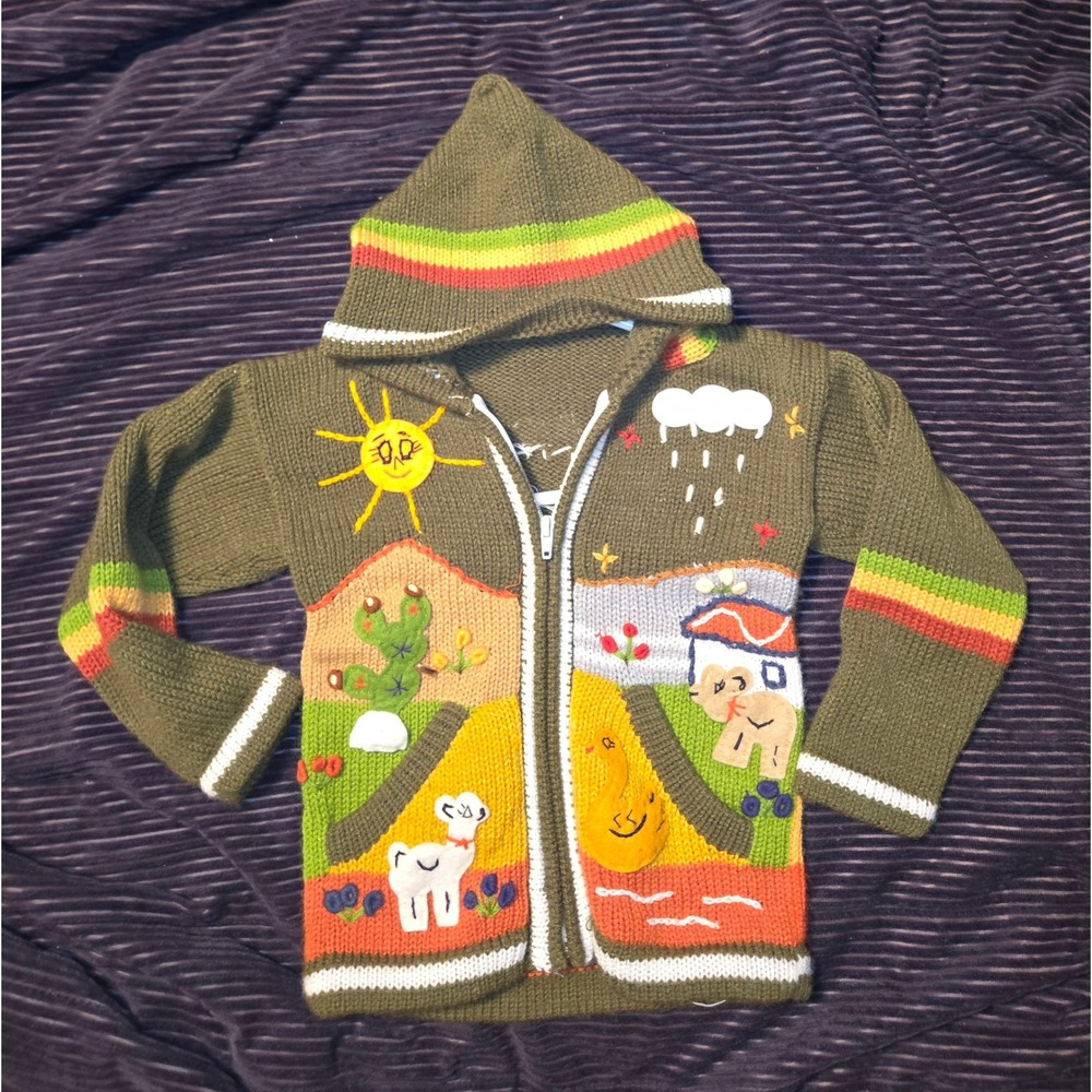 Vintage Artisan Hand Knit Hooded Landscape Sweater Full Zip Llama Cactus Green
